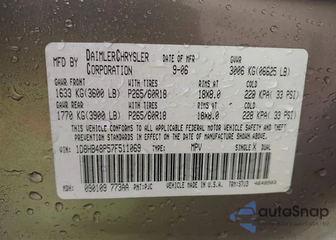 2007 Dodge Durango Slt z USA, uszkodzony, nr VIN 1D8HB48P57F511069